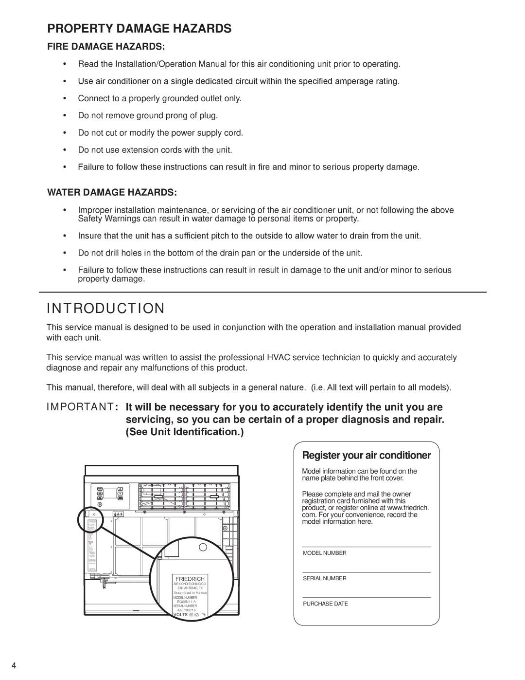 Friedrich SQ10N10, SQ08N10, SQ05N10, SQ06N10, EQ08N11 manual Introduction, Register your air conditioner 