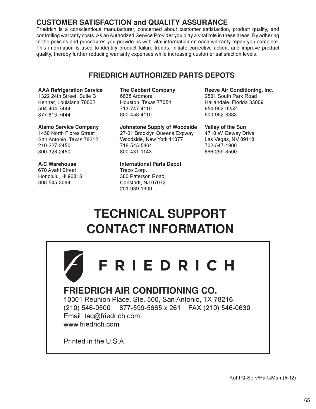 Friedrich SQ08N10, SQ10N10, SQ05N10, SQ06N10, EQ08N11 manual Technical Support Contact Information 