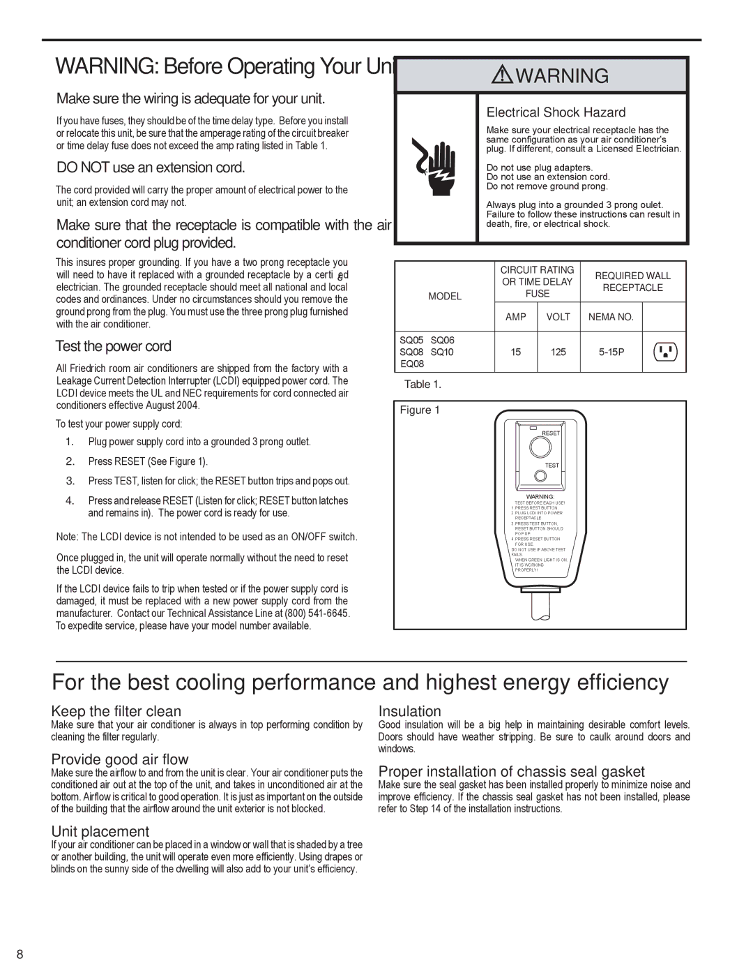 Friedrich EQ08N11 manual Make sure the wiring is adequate for your unit, Do not use an extension cord, Test the power cord 