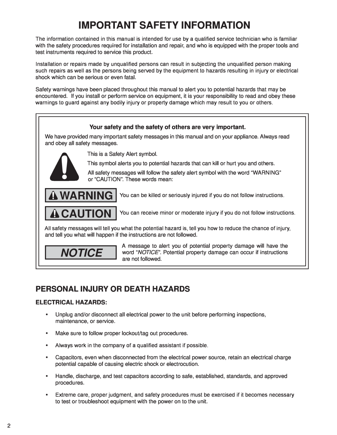 Friedrich SQ06N10, SQ10N10 manual Important Safety Information, Personal Injury Or Death Hazards, Notice, Electrical Hazards 