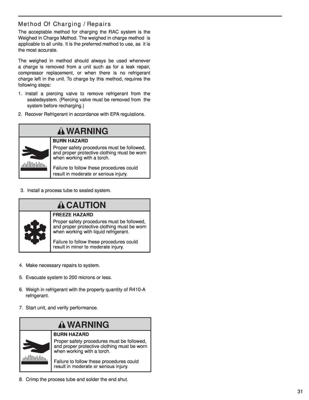 Friedrich SQ05N10, SQ10N10, SQ08N10, SQ06N10, EQ08N11 manual Method Of Charging / Repairs, Burn Hazard, Freeze Hazard 