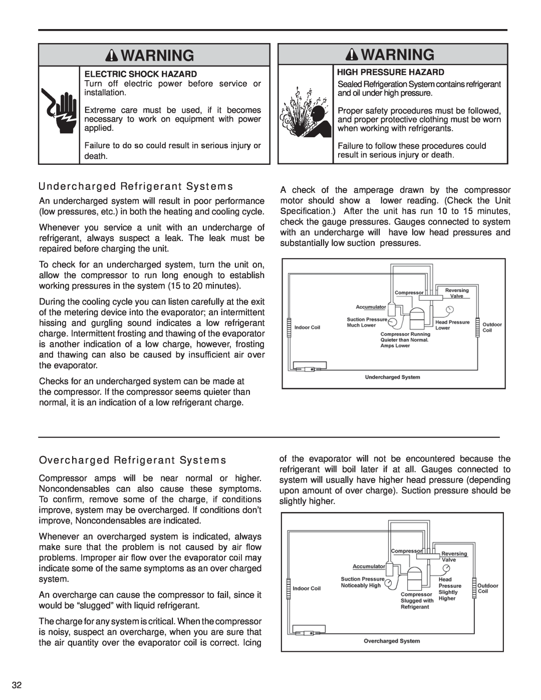 Friedrich SQ06N10, SQ10N10 manual Undercharged Refrigerant Systems, Overcharged Refrigerant Systems, Electric Shock Hazard 