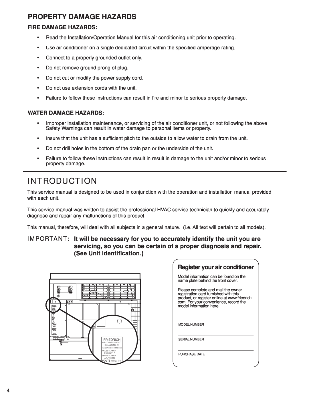 Friedrich SQ10N10, SQ08N10 manual Introduction, Property Damage Hazards, Register your air conditioner, Fire Damage Hazards 