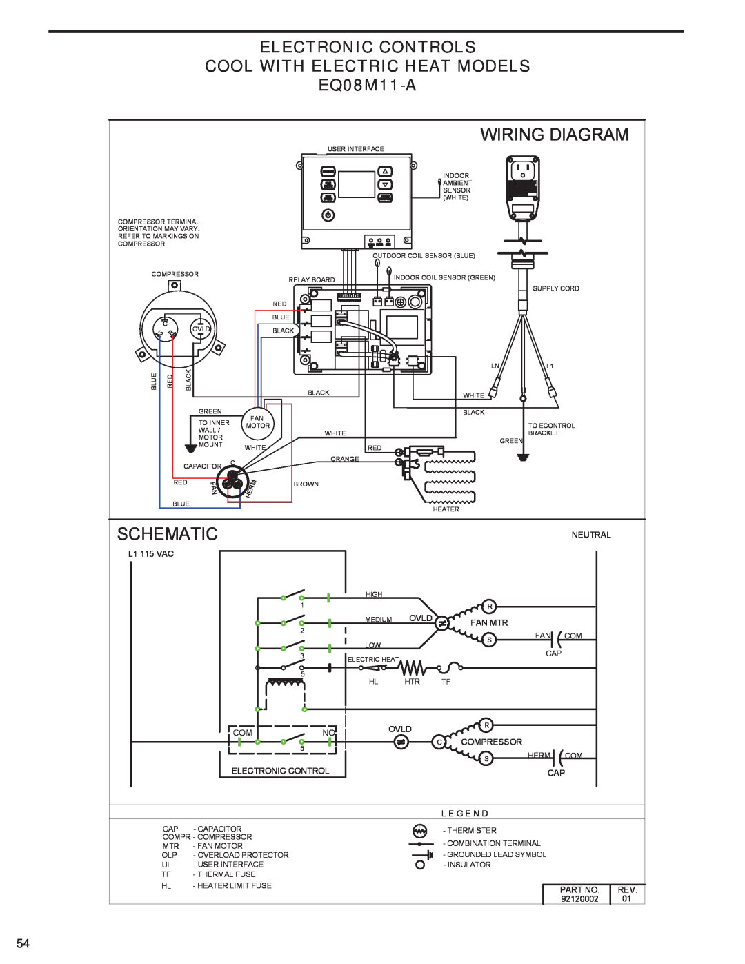 Friedrich SQ10N10, SQ08N10 manual Wiring Diagram, Schematic, Electronic Controls, COOL WITH ELECTRIC HEAT MODELS EQ08M11-A 