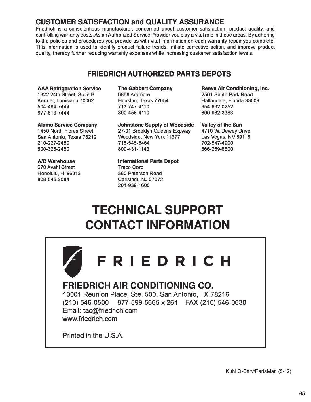 Friedrich SQ08N10 CUSTOMER SATISFACTION and QUALITY ASSURANCE, Friedrich Authorized Parts Depots, AAARefrigeration Service 