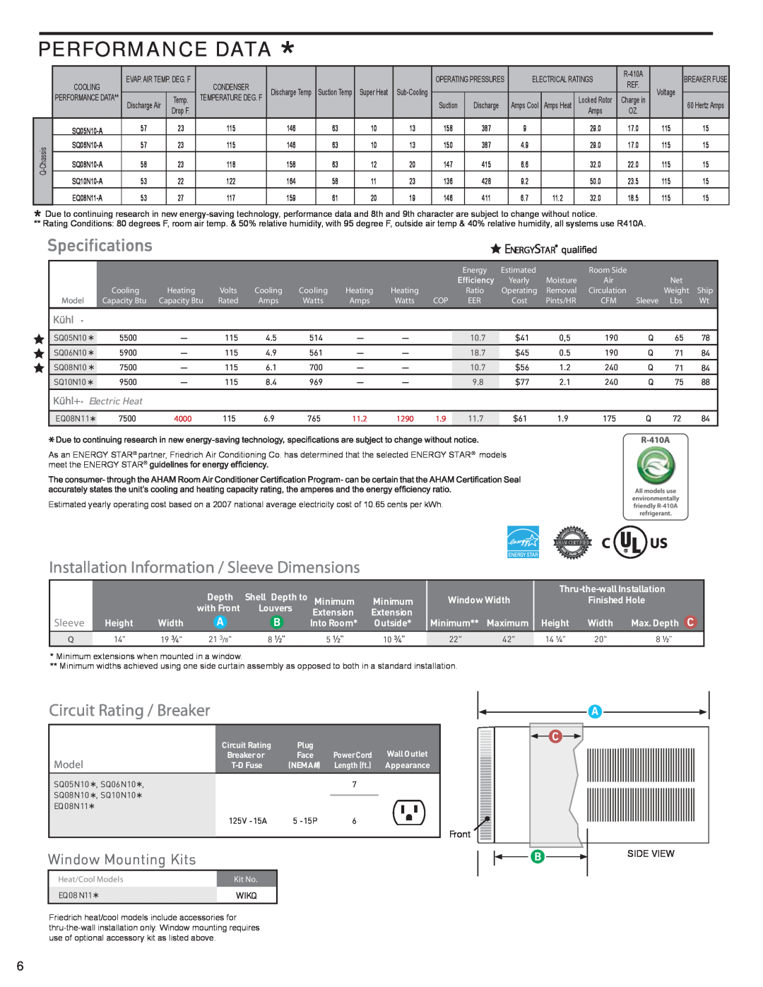 Friedrich SQ05N10 Performance Data, Installation Information / Sleeve Dimensions, Circuit Rating / Breaker, C Us, Kühl 