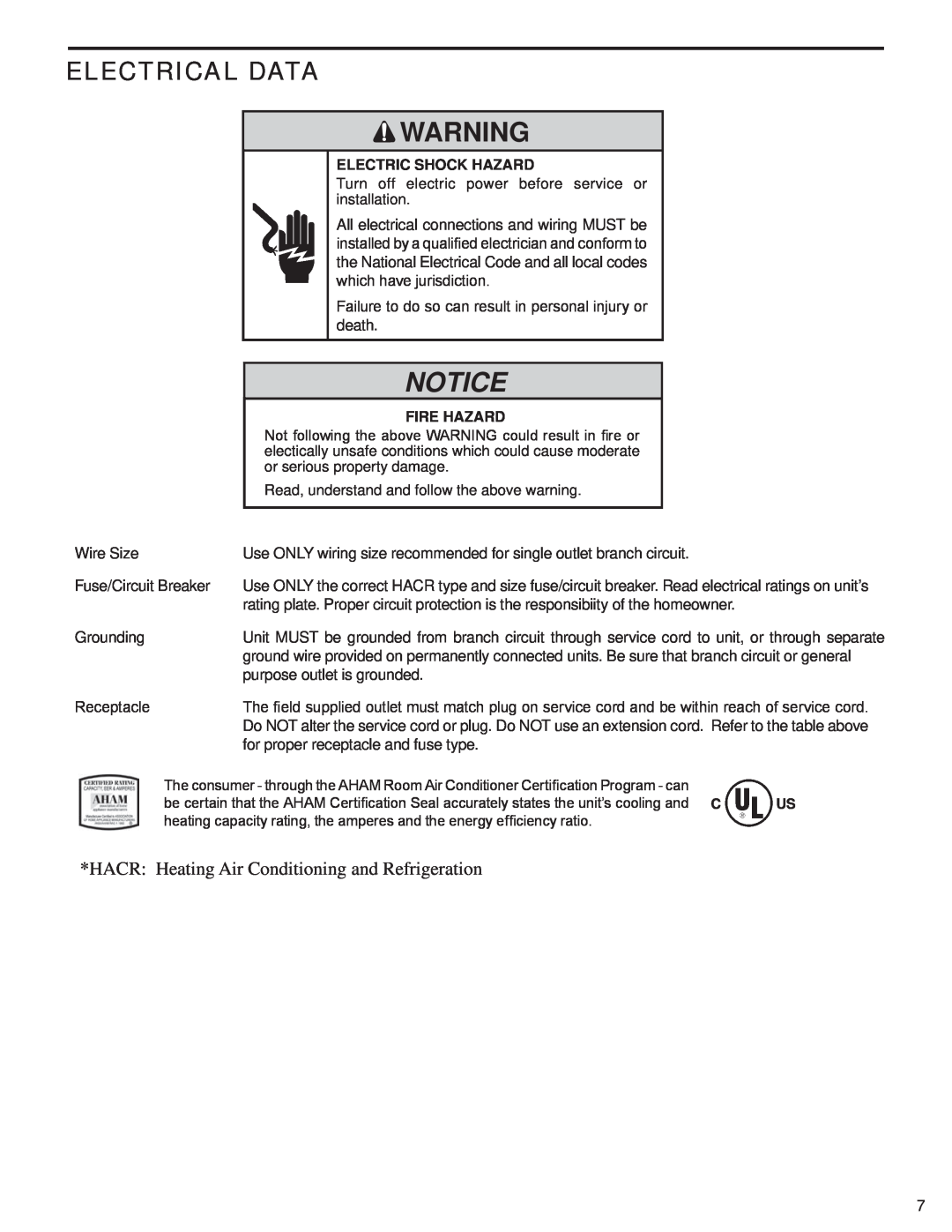 Friedrich SQ06N10 manual Notice, Electrical Data, HACR: Heating Air Conditioning and Refrigeration, Electric Shock Hazard 