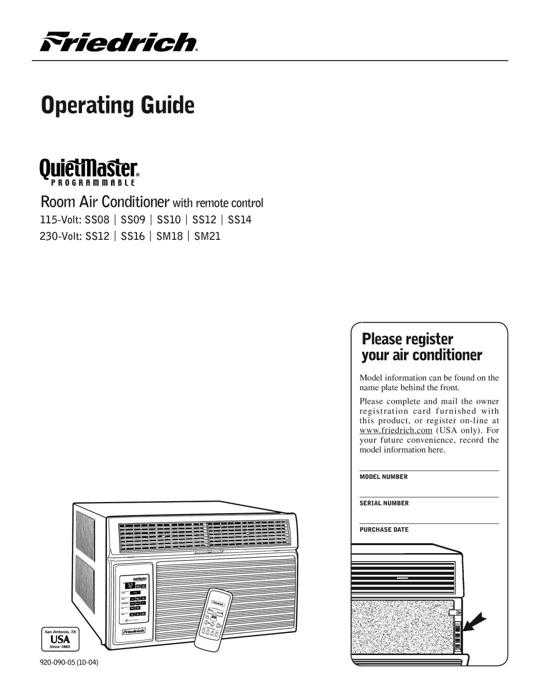 Friedrich SS09 manual Operating Guide 