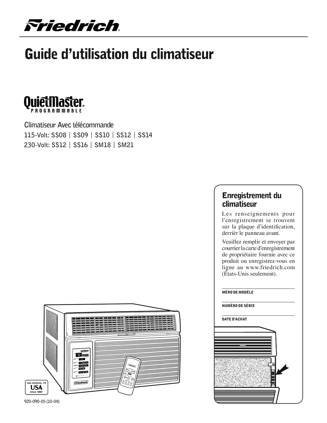 Friedrich SS09 manual Guide d’utilisation du climatiseur 