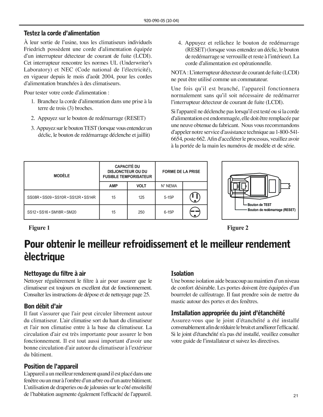 Friedrich SS09 manual Testez la corde d’alimentation, Nettoyage du filtre à air, Bon débit d’air, Isolation 