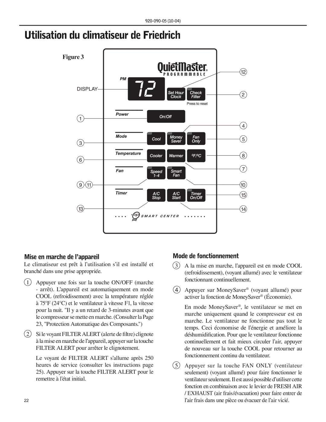 Friedrich SS09 manual Utilisation du climatiseur de Friedrich, Mise en marche de l’appareil, Mode de fonctionnement 