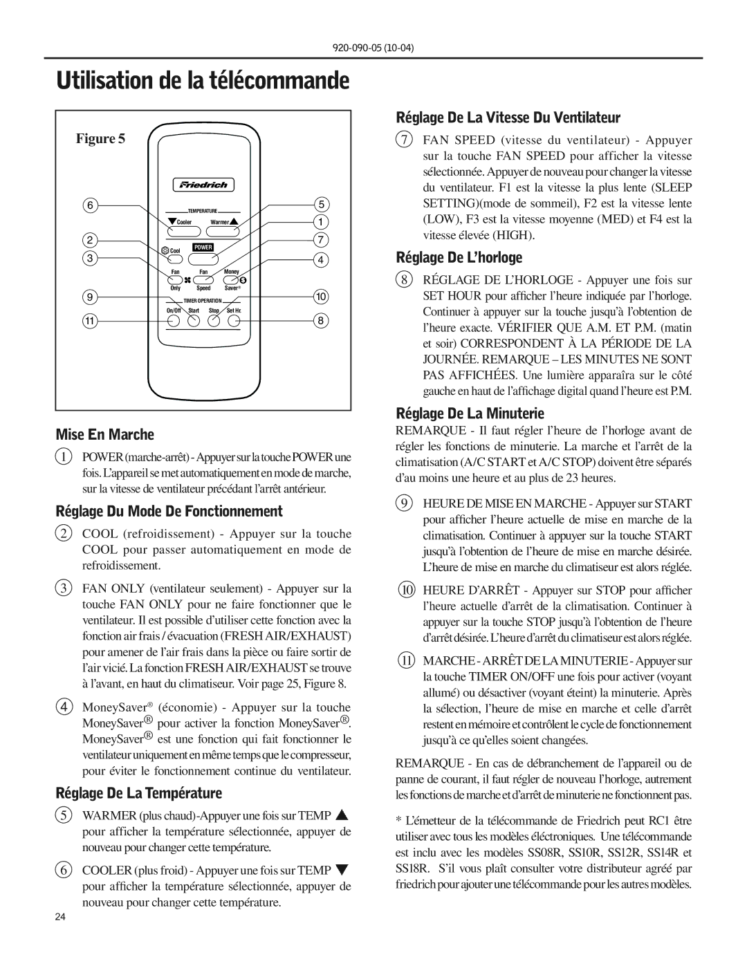 Friedrich SS09 manual Mise En Marche, Réglage Du Mode De Fonctionnement, Réglage De La Température 