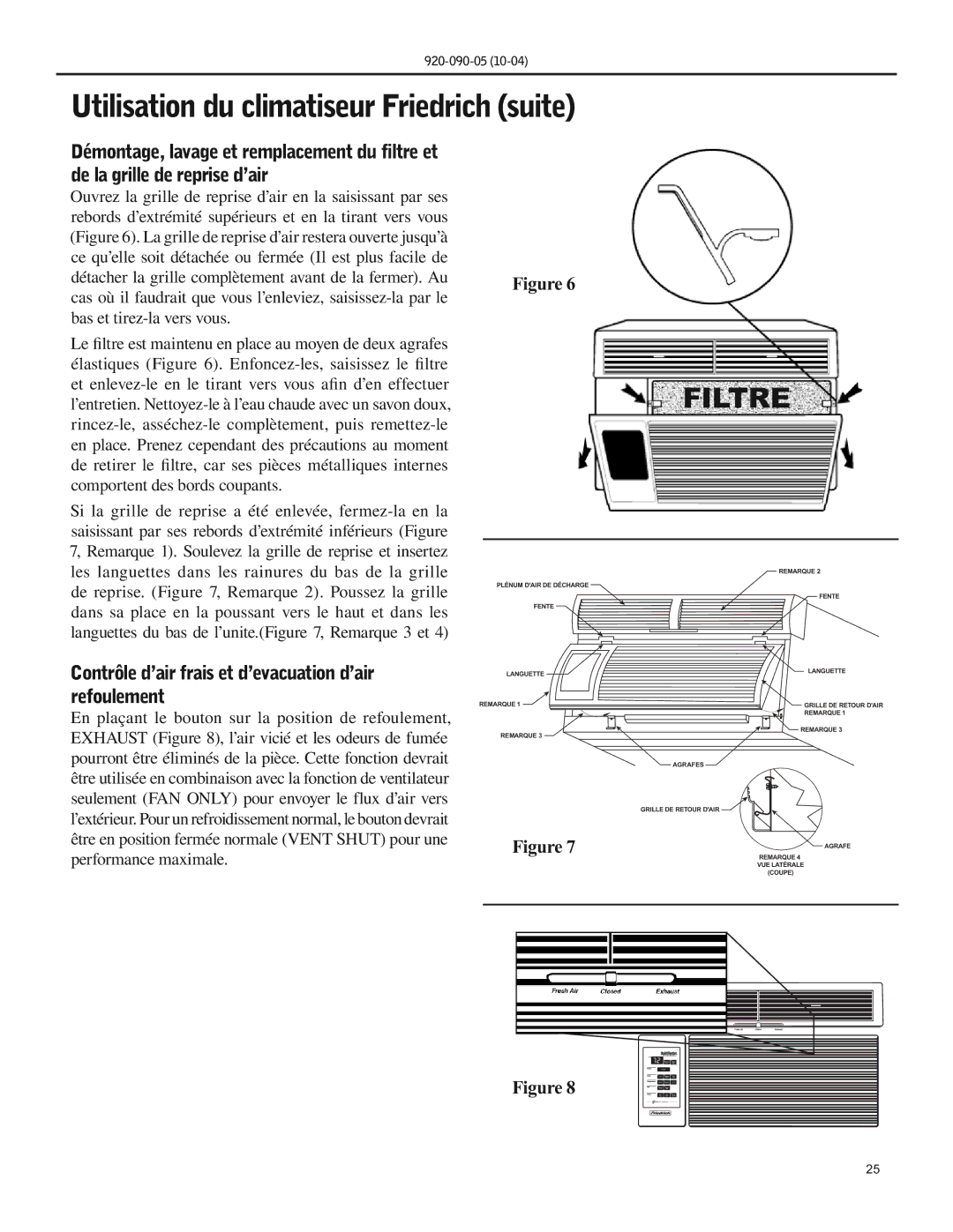 Friedrich SS09 manual Utilisation du climatiseur Friedrich suite, Contrôle d’air frais et d’evacuation d’air refoulement 