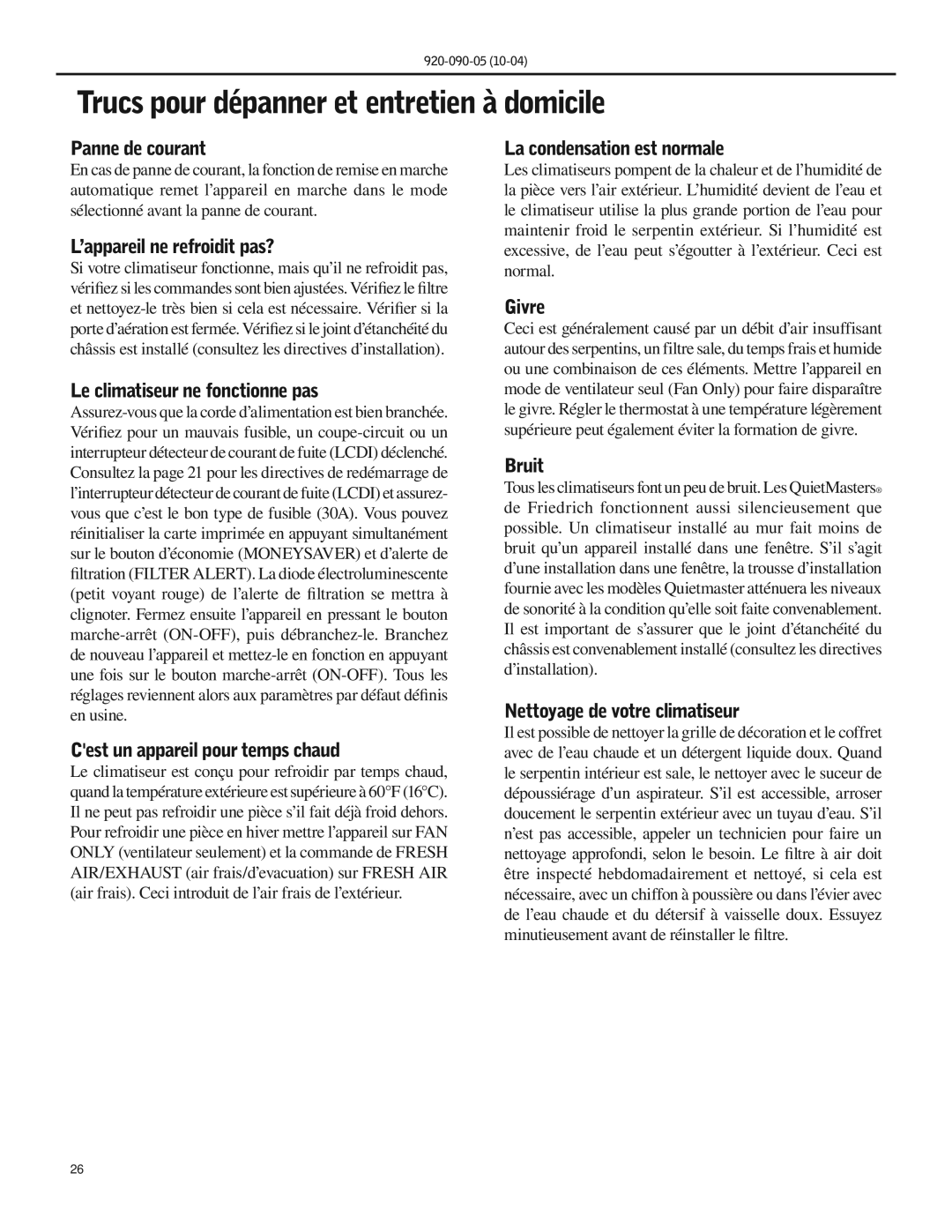 Friedrich SS09 manual Trucs pour dépanner et entretien à domicile 