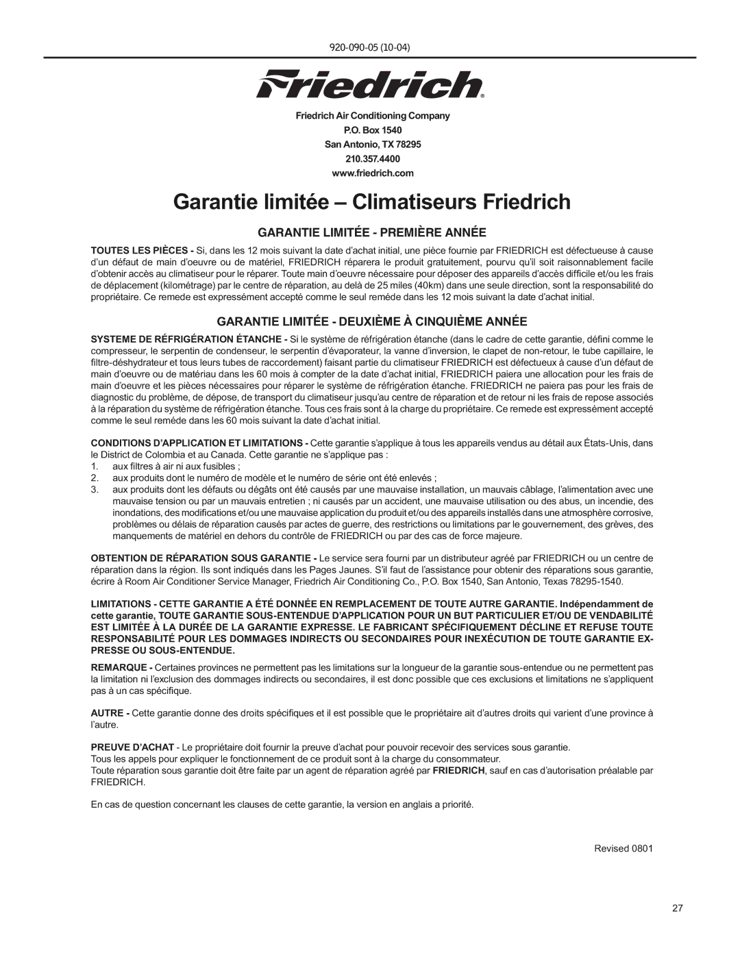 Friedrich SS09 manual Garantie limitée Climatiseurs Friedrich 