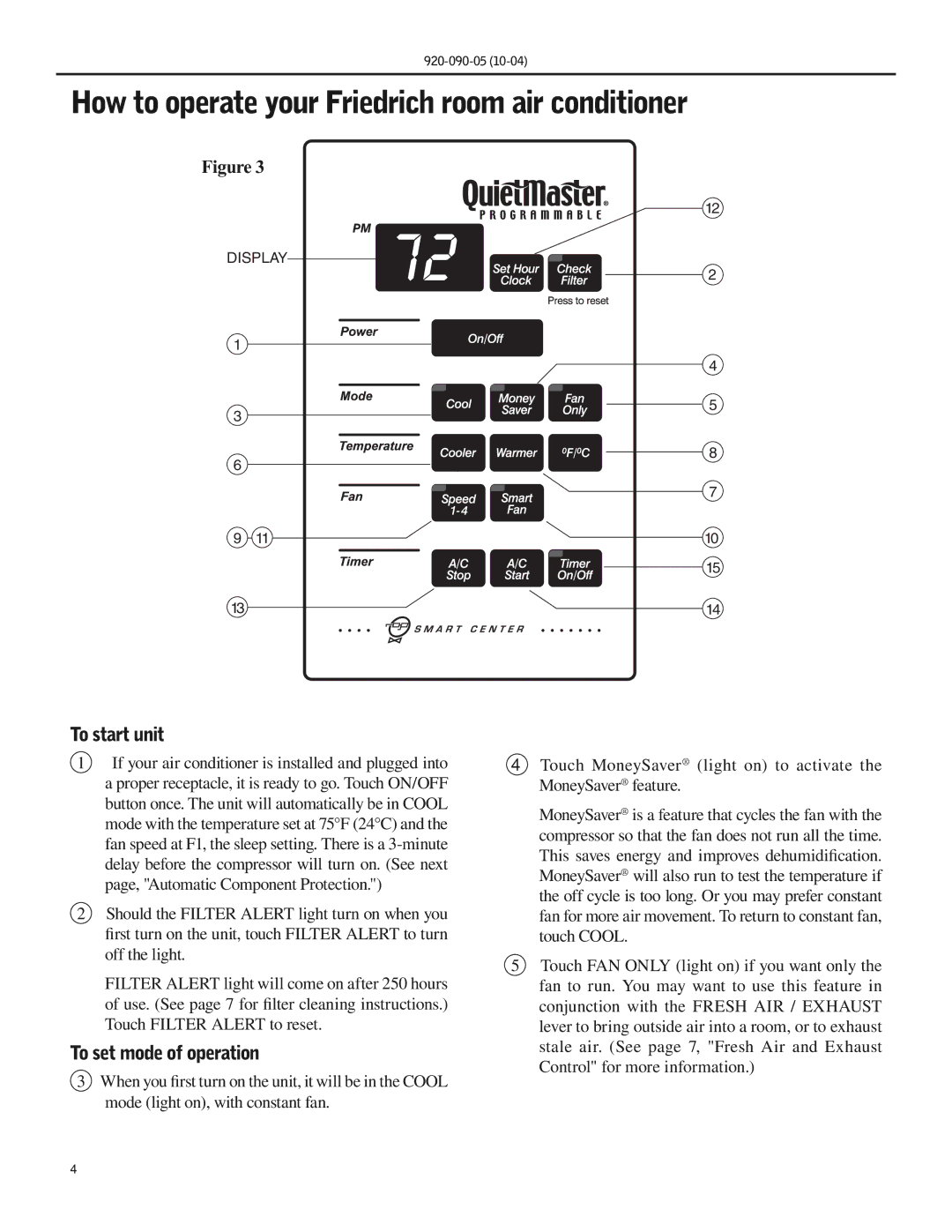 Friedrich SS09 manual How to operate your Friedrich room air conditioner, To start unit, To set mode of operation 