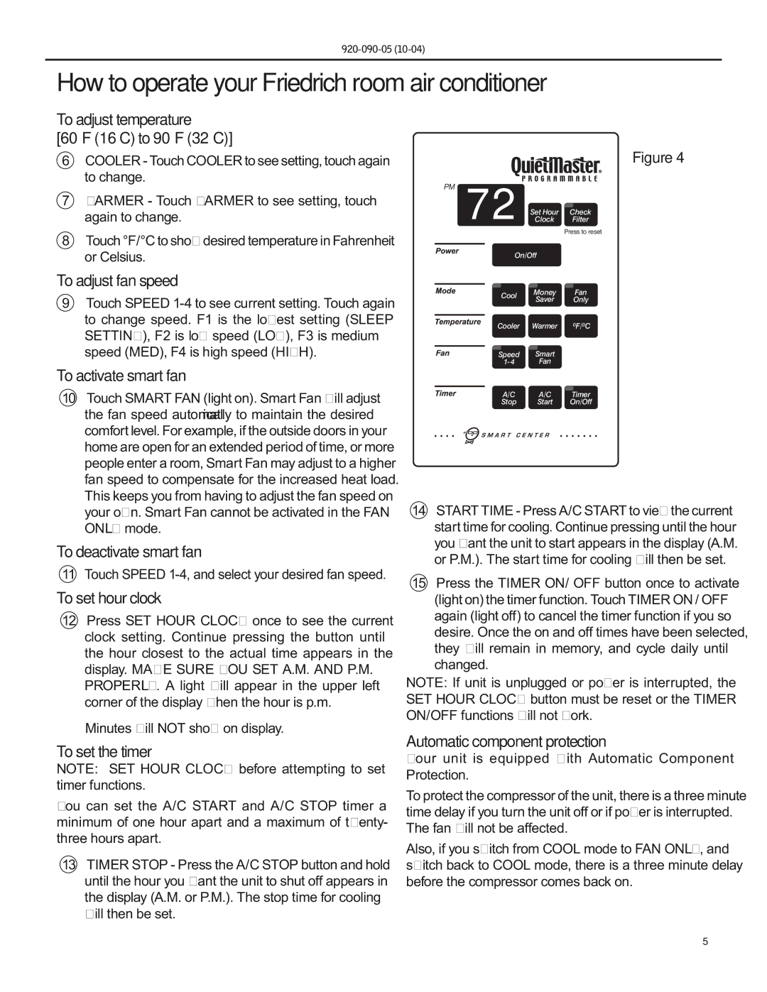 Friedrich SS09 To adjust fan speed, To activate smart fan, To deactivate smart fan, To set hour clock, To set the timer 