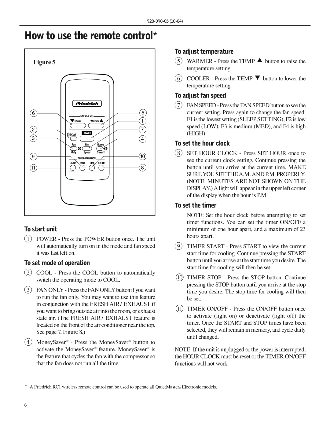 Friedrich SS09 manual To adjust temperature, To set the hour clock 