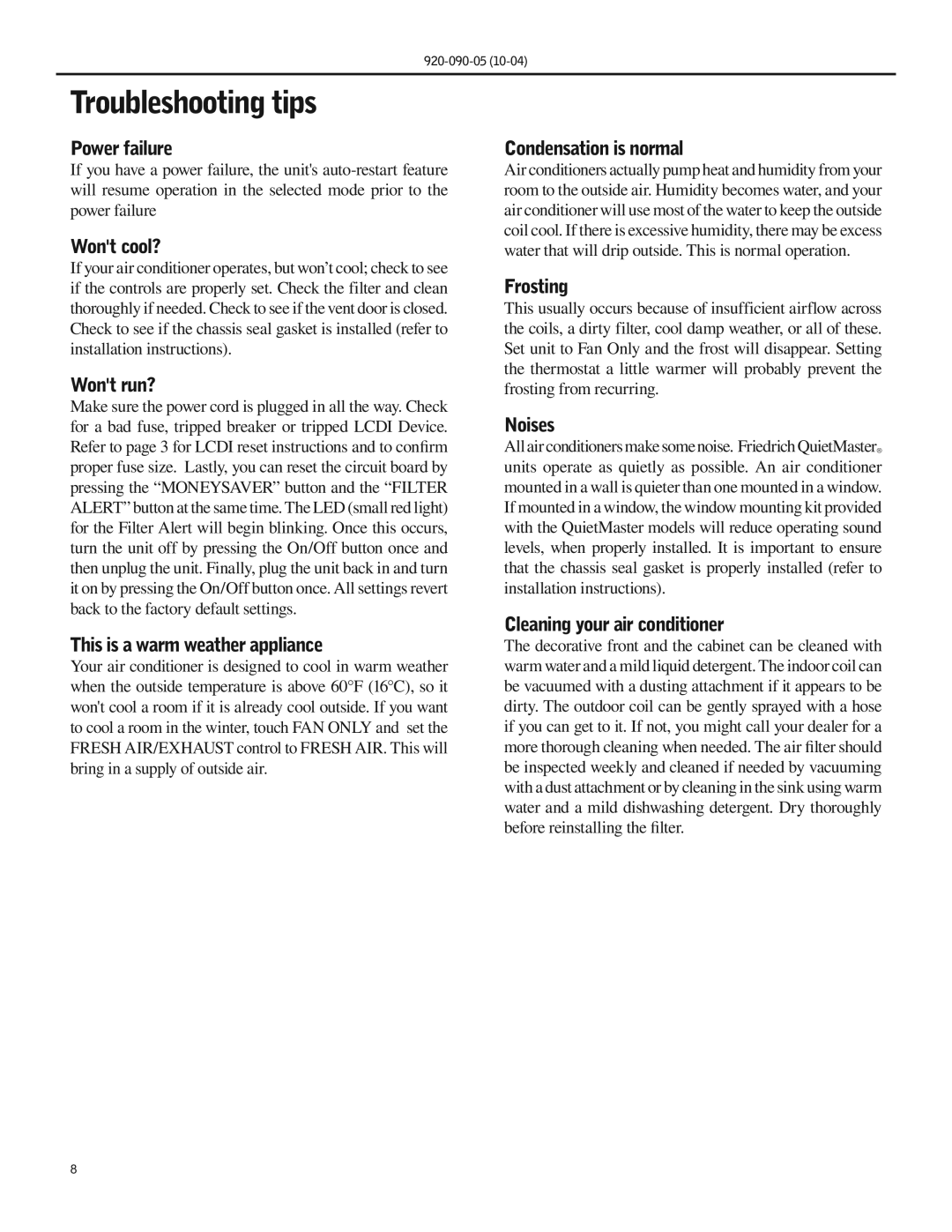 Friedrich SS09 manual Troubleshooting tips 