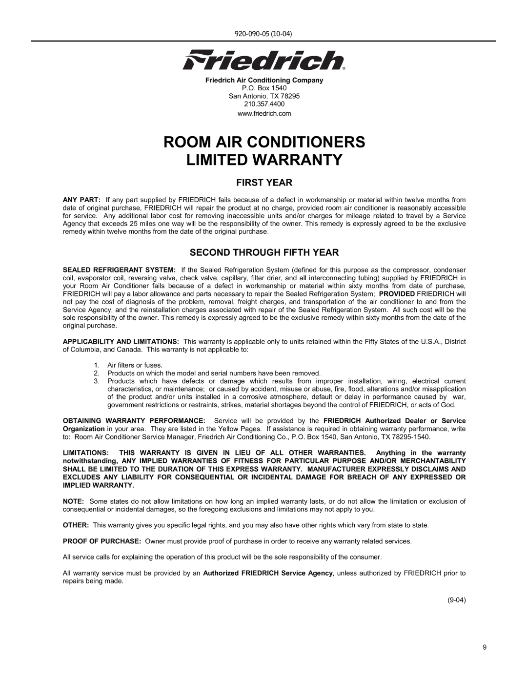 Friedrich SS09 manual Room AIR Conditioners Limited Warranty 