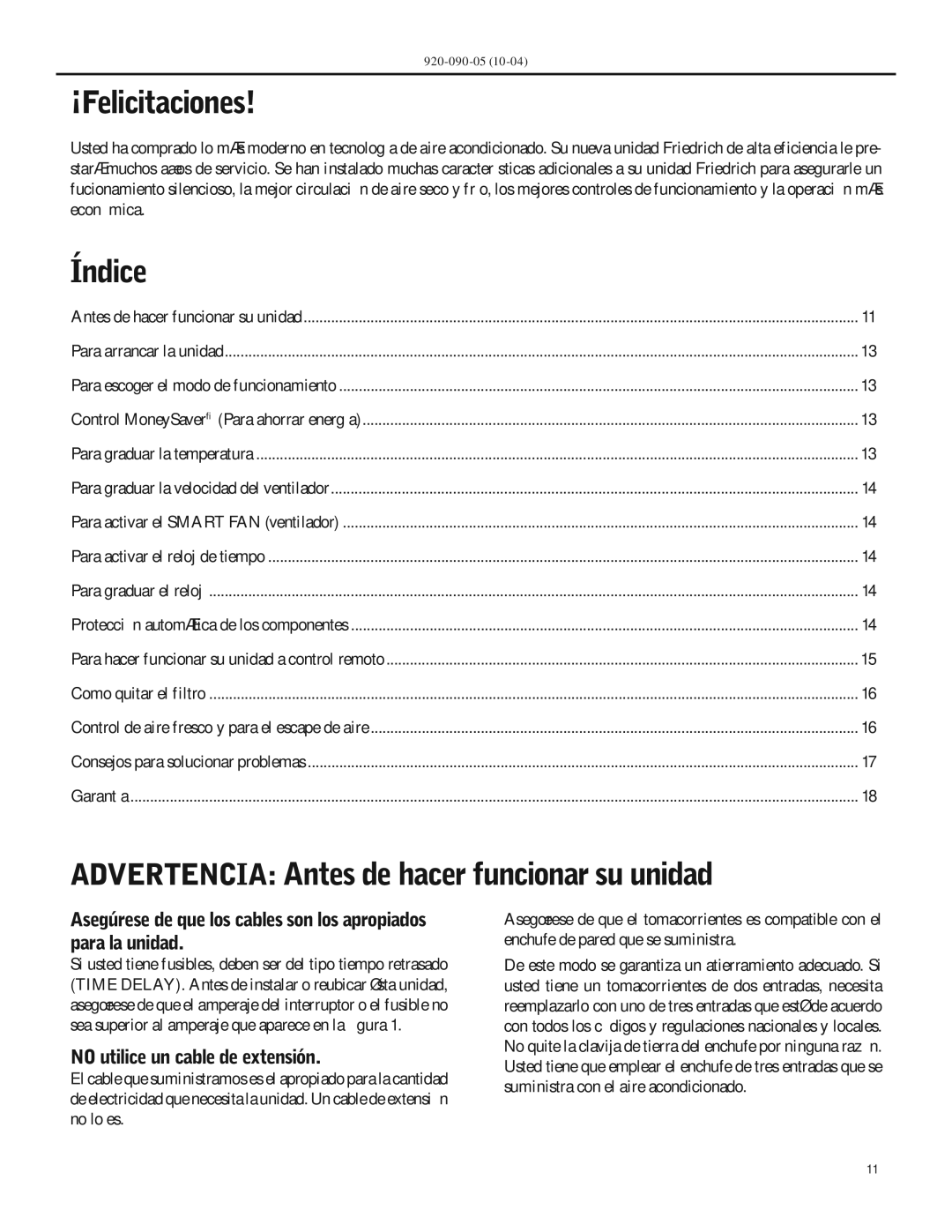 Friedrich SS09 ¡Felicitaciones, Índice, Advertencia Antes de hacer funcionar su unidad, No utilice un cable de extensión 