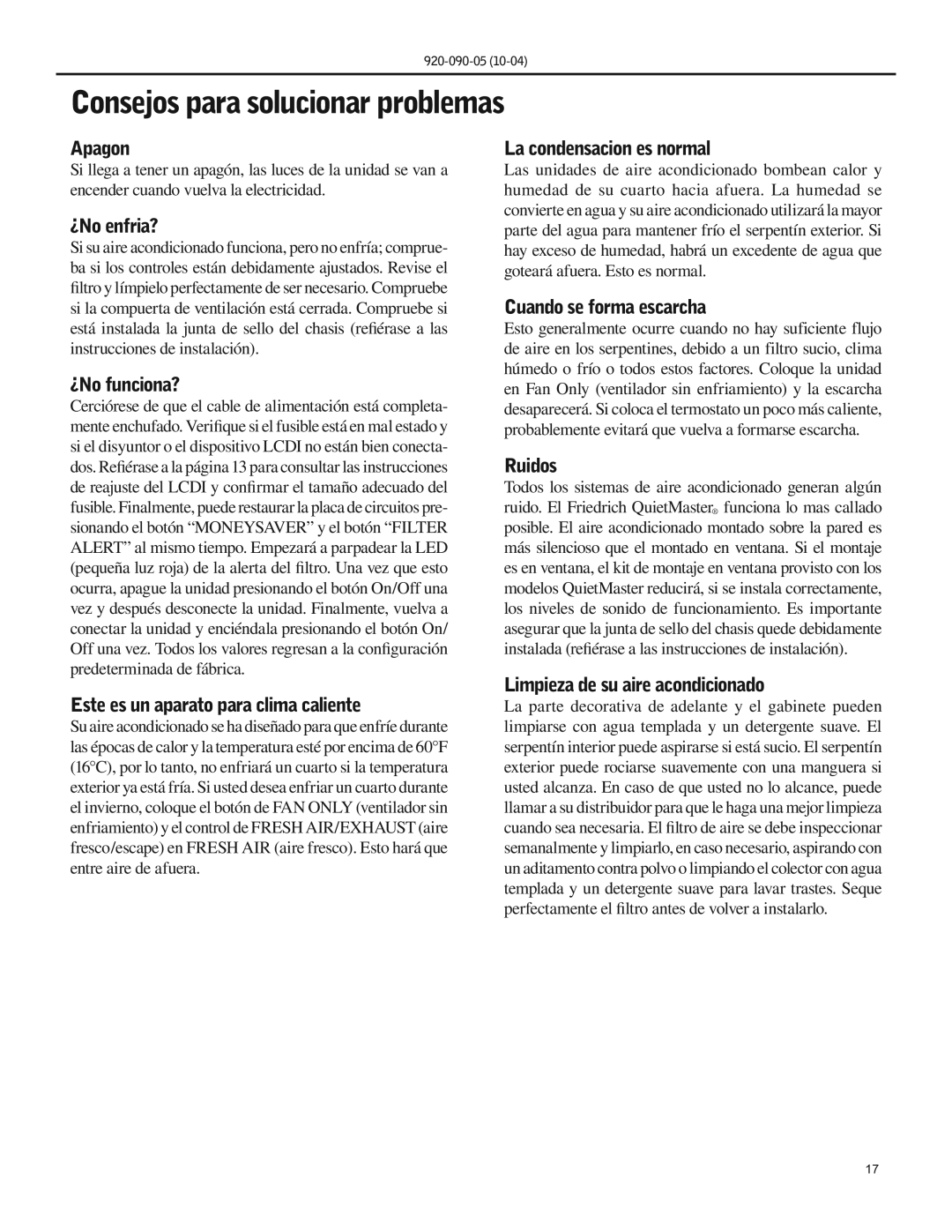 Friedrich SS09 manual Consejos para solucionar problemas 