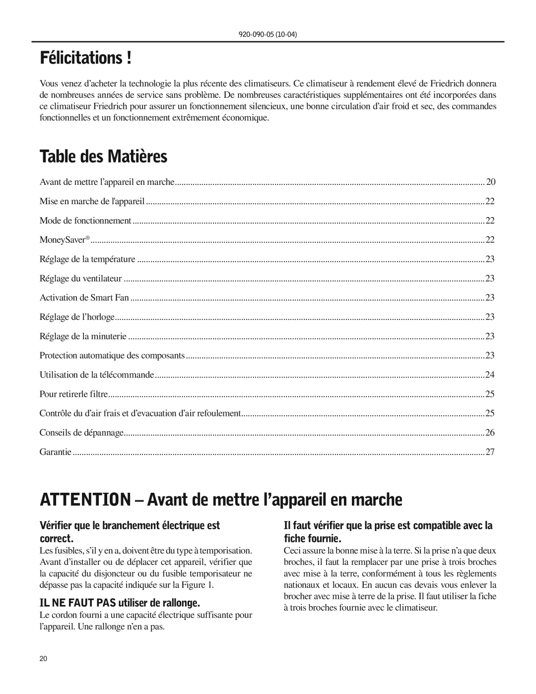 Friedrich SS09 manual Félicitations, Table des Matières, Vérifier que le branchement électrique est correct 