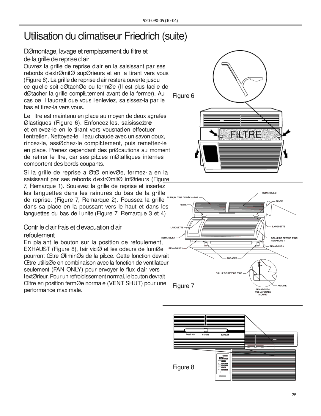 Friedrich SS09 manual Utilisation du climatiseur Friedrich suite, Contrôle d’air frais et d’evacuation d’air refoulement 