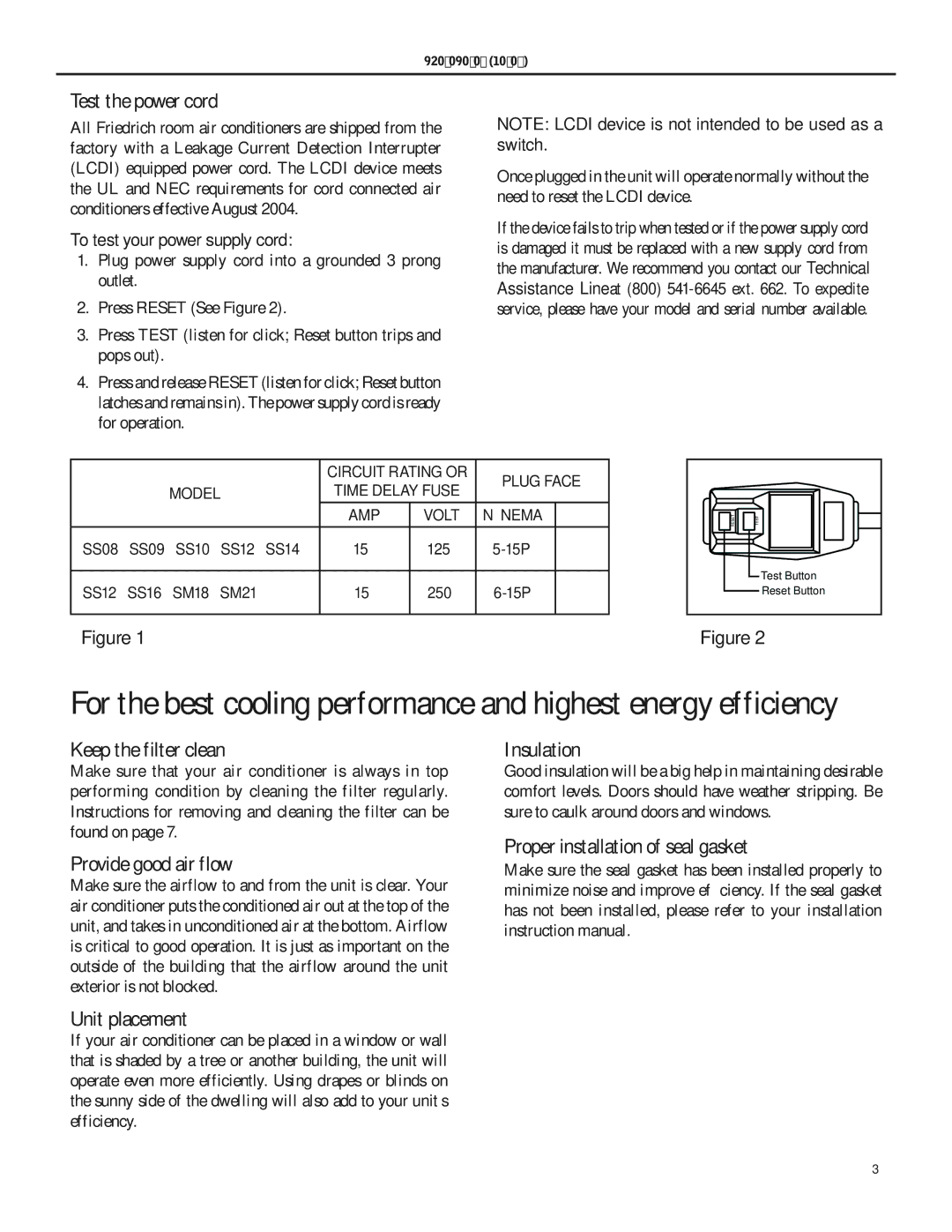 Friedrich SS09 manual Test the power cord, Keep the filter clean, Provide good air flow, Insulation 