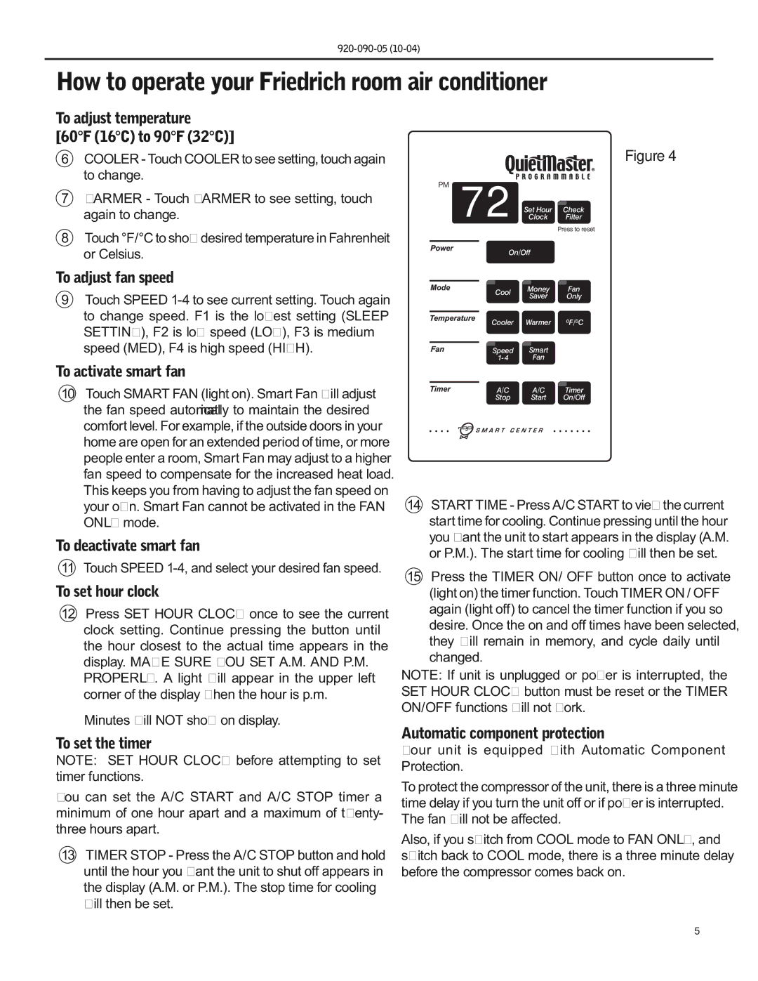 Friedrich SS09 To adjust fan speed, To activate smart fan, To deactivate smart fan, To set hour clock, To set the timer 