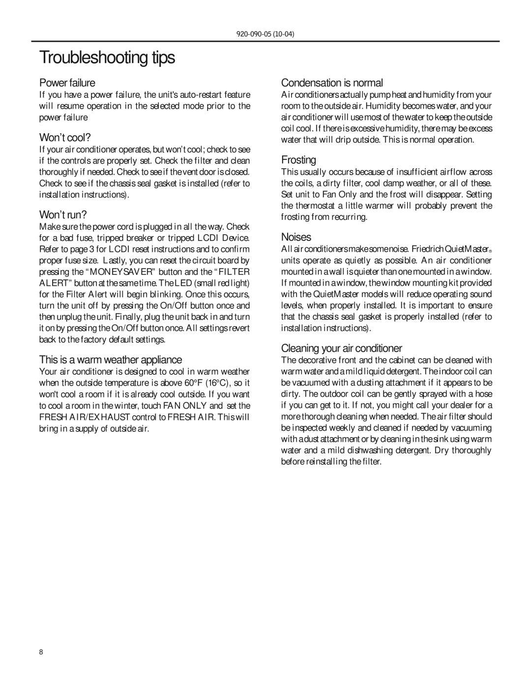 Friedrich SS09 manual Troubleshooting tips 