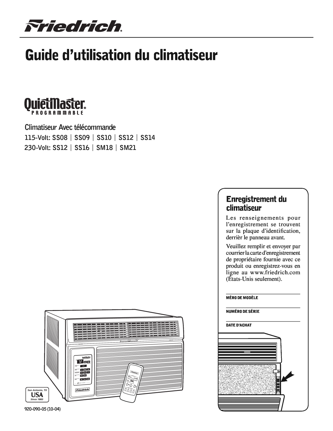 Friedrich SS09 Guide d’utilisation du climatiseur, Enregistrement du climatiseur, Climatiseur Avec télécommande, Cool 