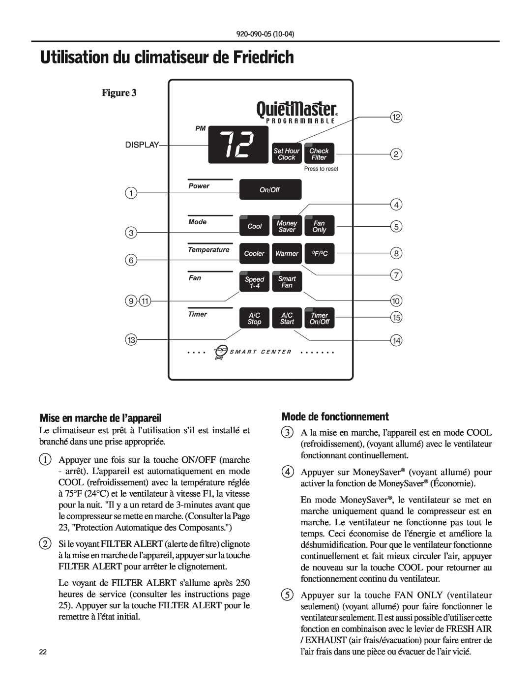 Friedrich SS09 manual Utilisation du climatiseur de Friedrich, Mise en marche de l’appareil, Mode de fonctionnement 