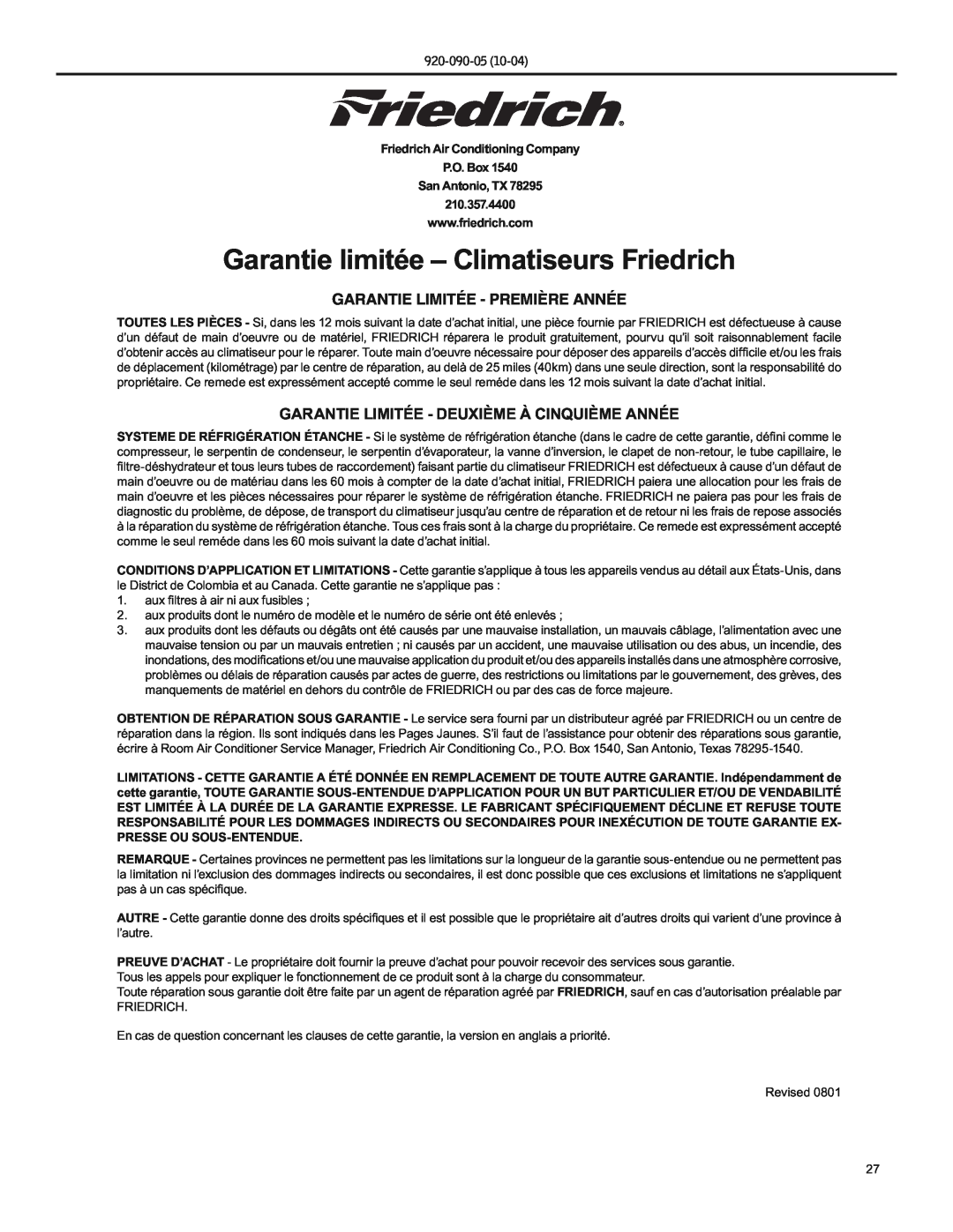Friedrich SS09 manual Garantie limitée - Climatiseurs Friedrich, Garantie Limitée - Première Année, 920-090-05 