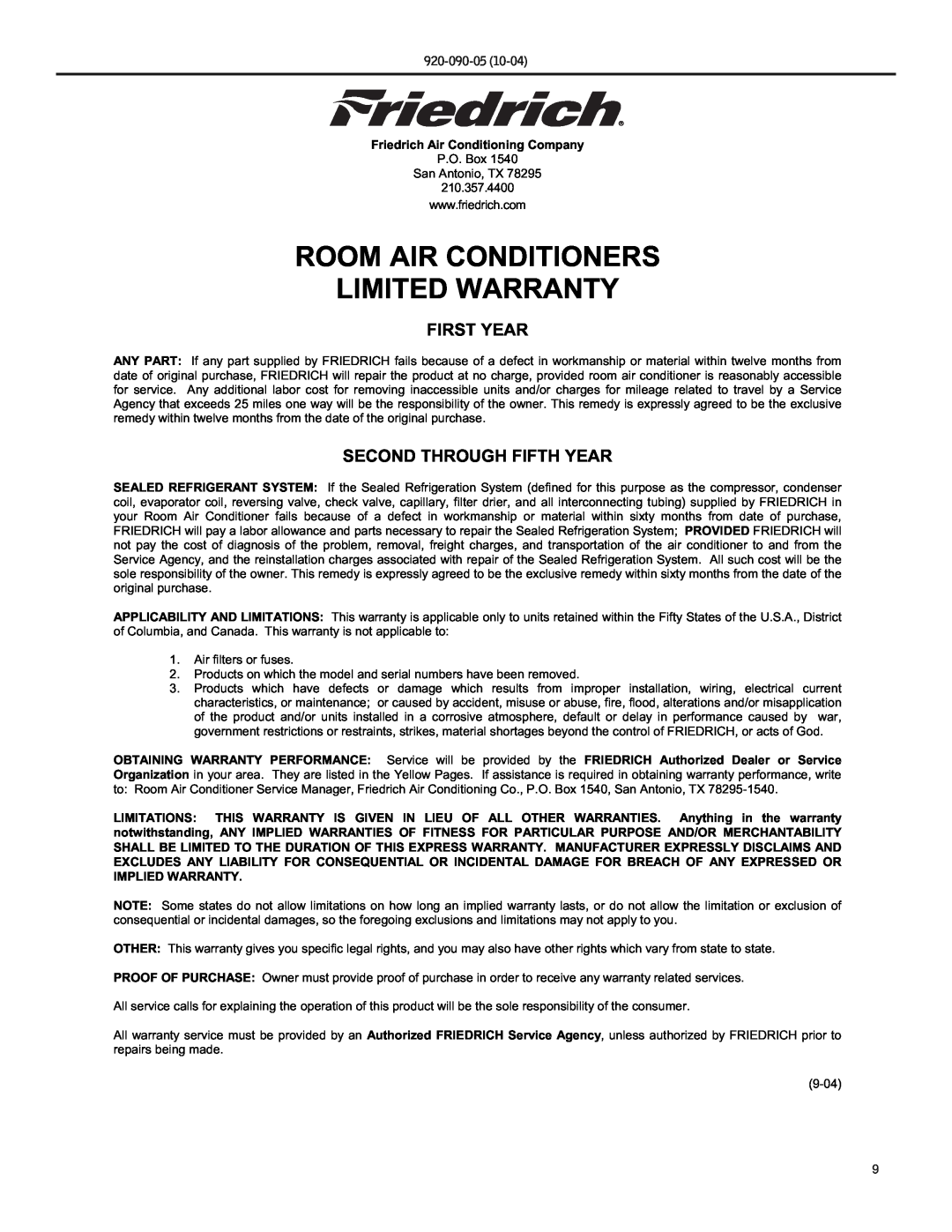 Friedrich SS09 manual Room Air Conditioners Limited Warranty, First Year, Second Through Fifth Year, 920-090-05 