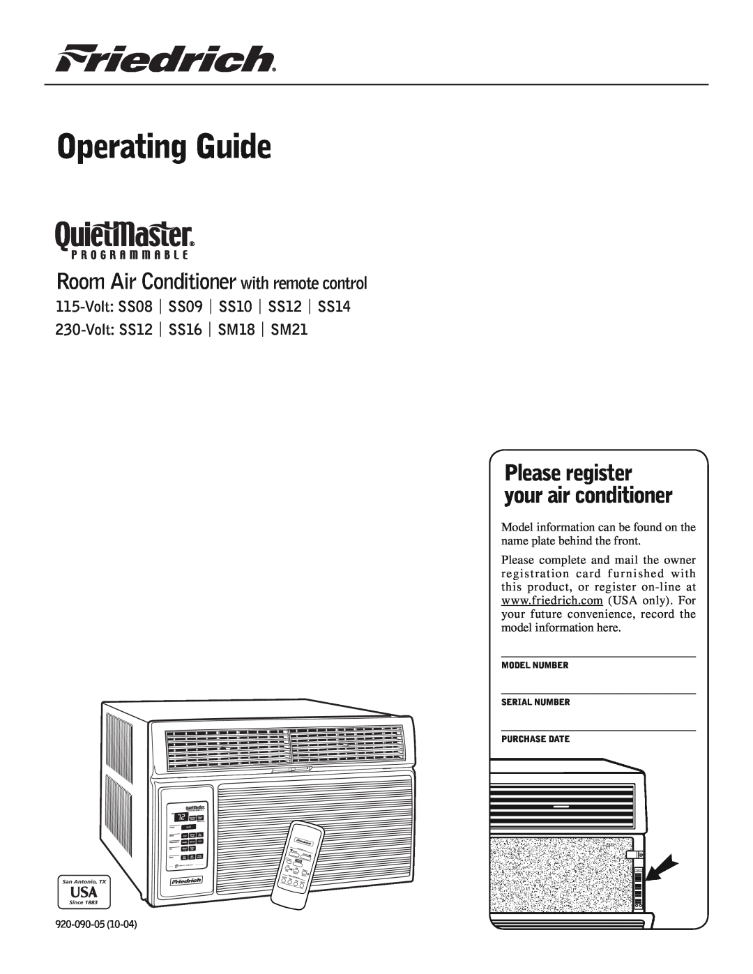 Friedrich SS09 manual Operating Guide, Room Air Conditioner with remote control, Please register your air conditioner 