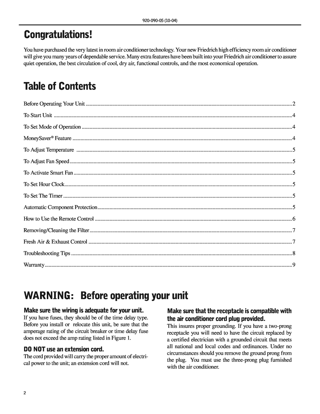 Friedrich SS09 manual Congratulations, Table of Contents, WARNING Before operating your unit, DO NOT use an extension cord 