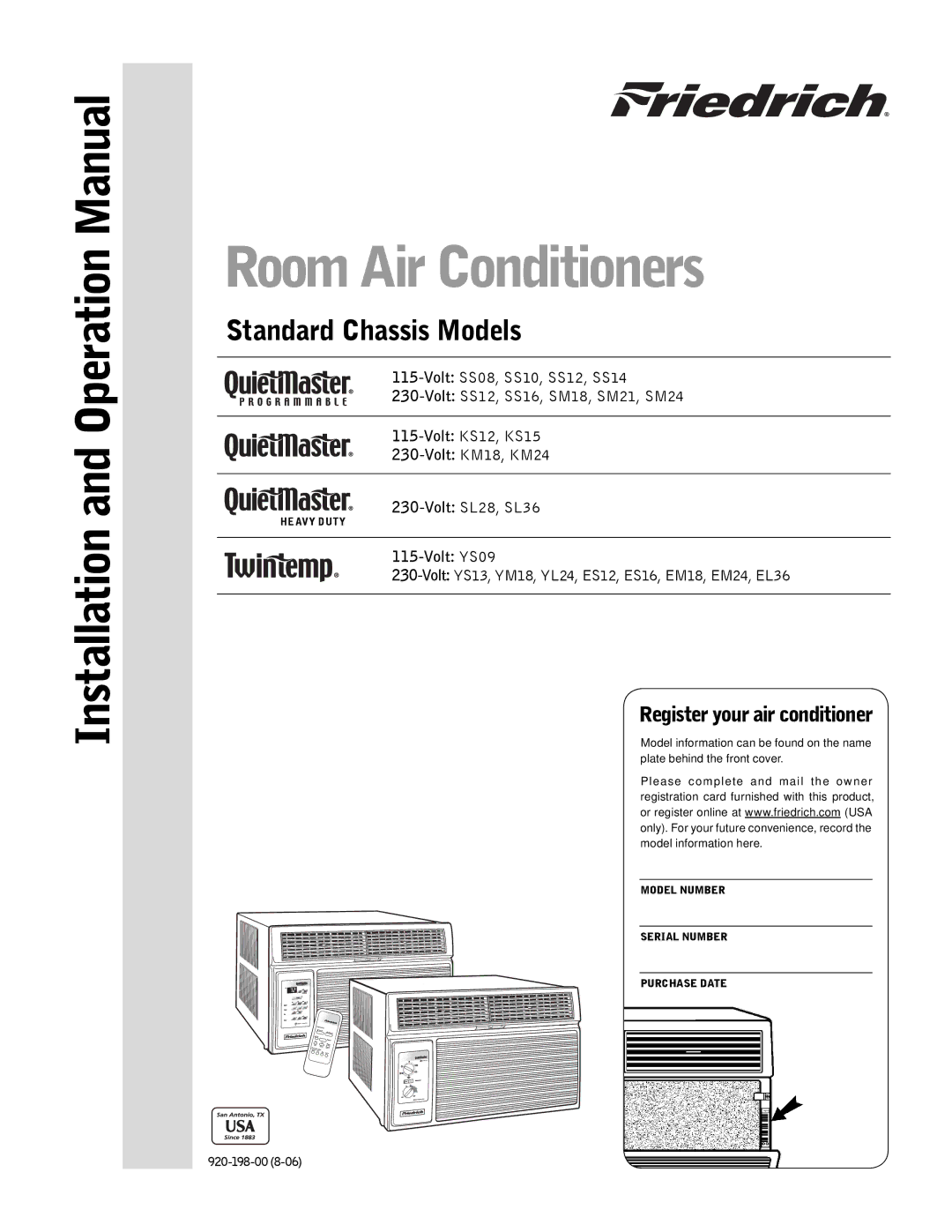 Friedrich SS16, SS14, SS12, SS10, SS08, SM21, SM24, SM18, ES12 operation manual Room Air Conditioners, Standard Chassis Models 