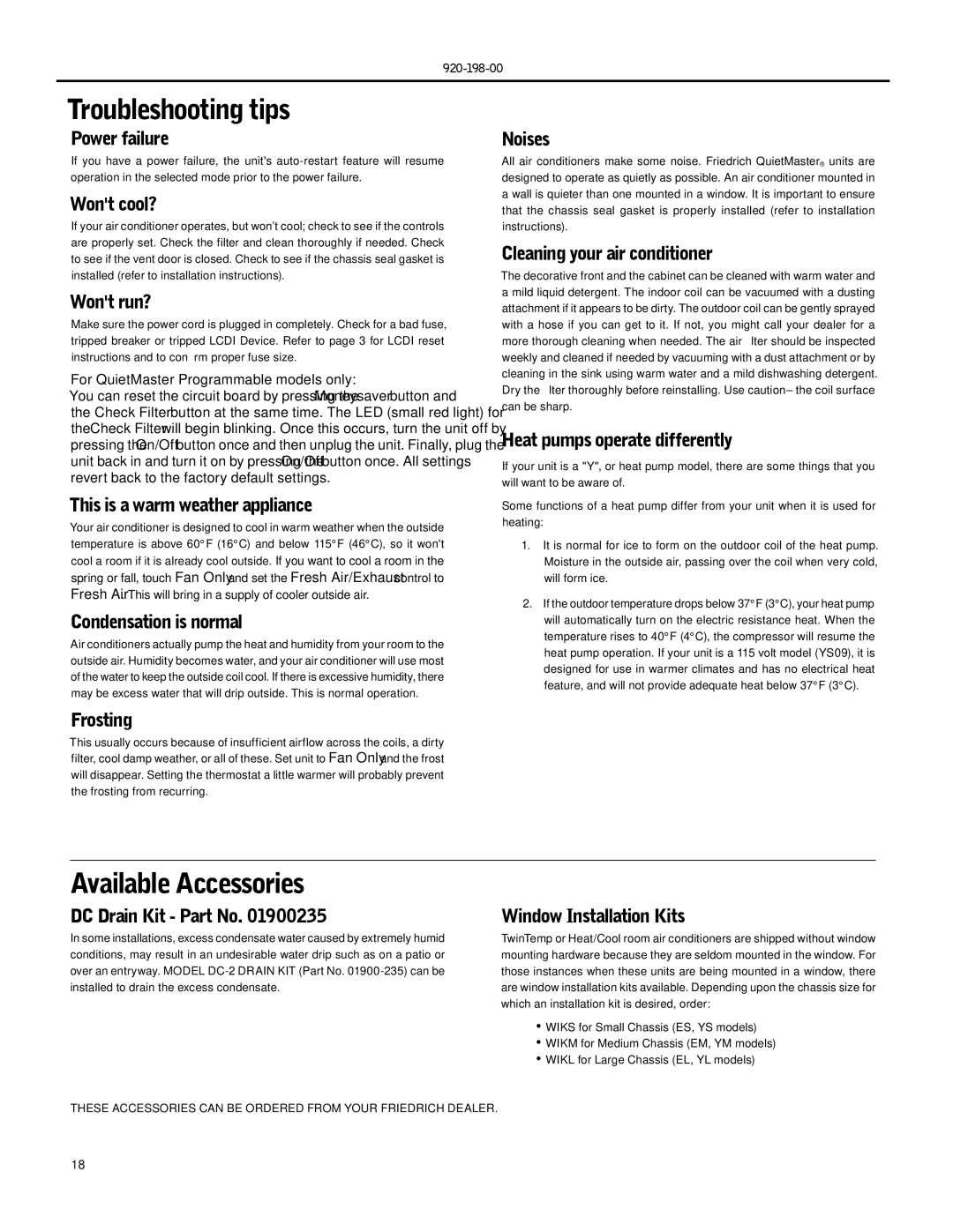 Friedrich SS12, SS14, SS16, SS10, SS08, SM21, SM24, SM18, ES12, ES16, YM18, YL24, EM18 Troubleshooting tips, Available Accessories 