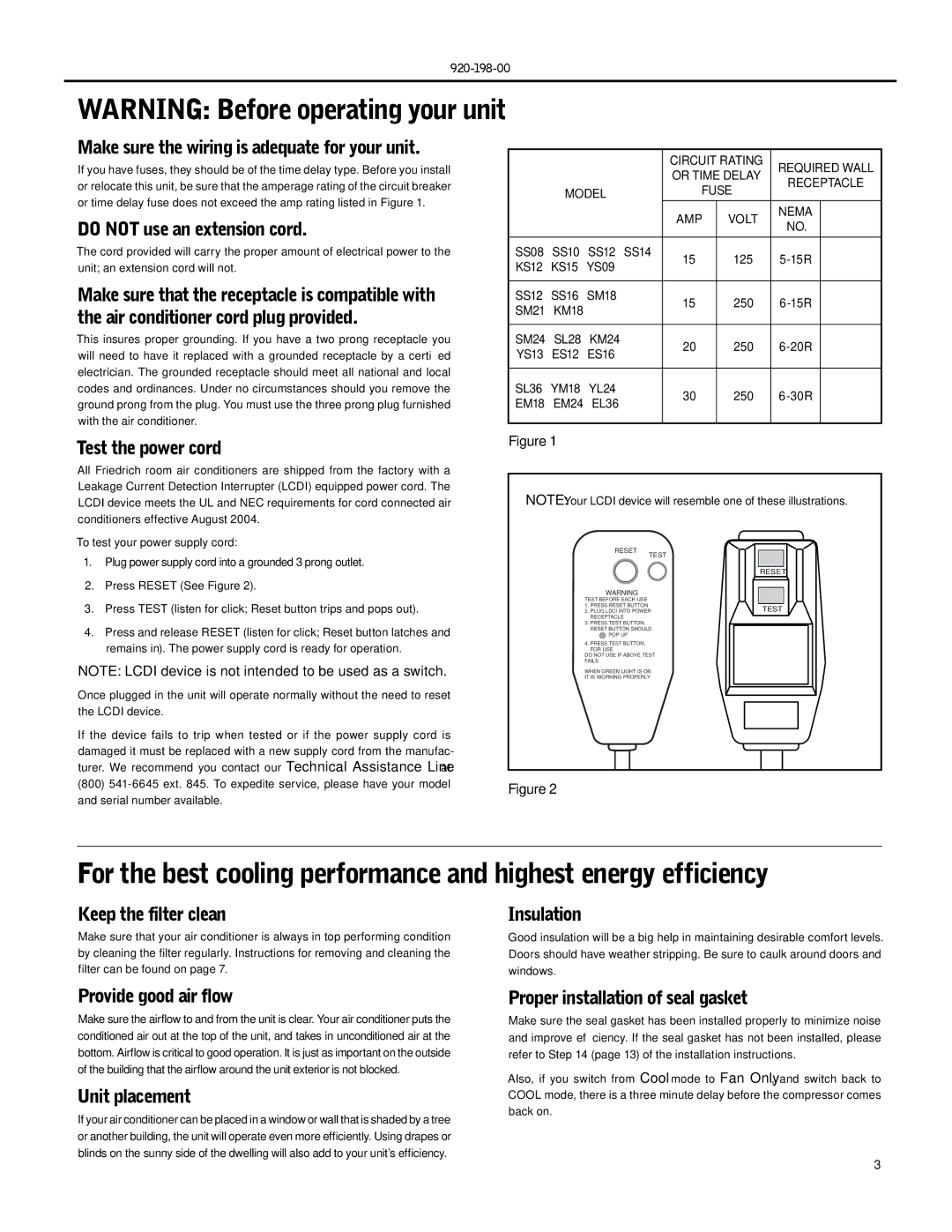 Friedrich SS10, SS14 Make sure the wiring is adequate for your unit, Do not use an extension cord, Test the power cord 