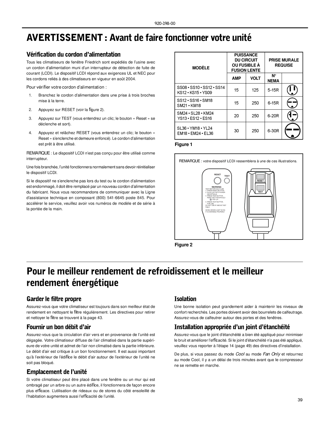 Friedrich SM18, SS14 Vérification du cordon d’alimentation, Garder le filtre propre, Isolation, Fournir un bon débit d’air 