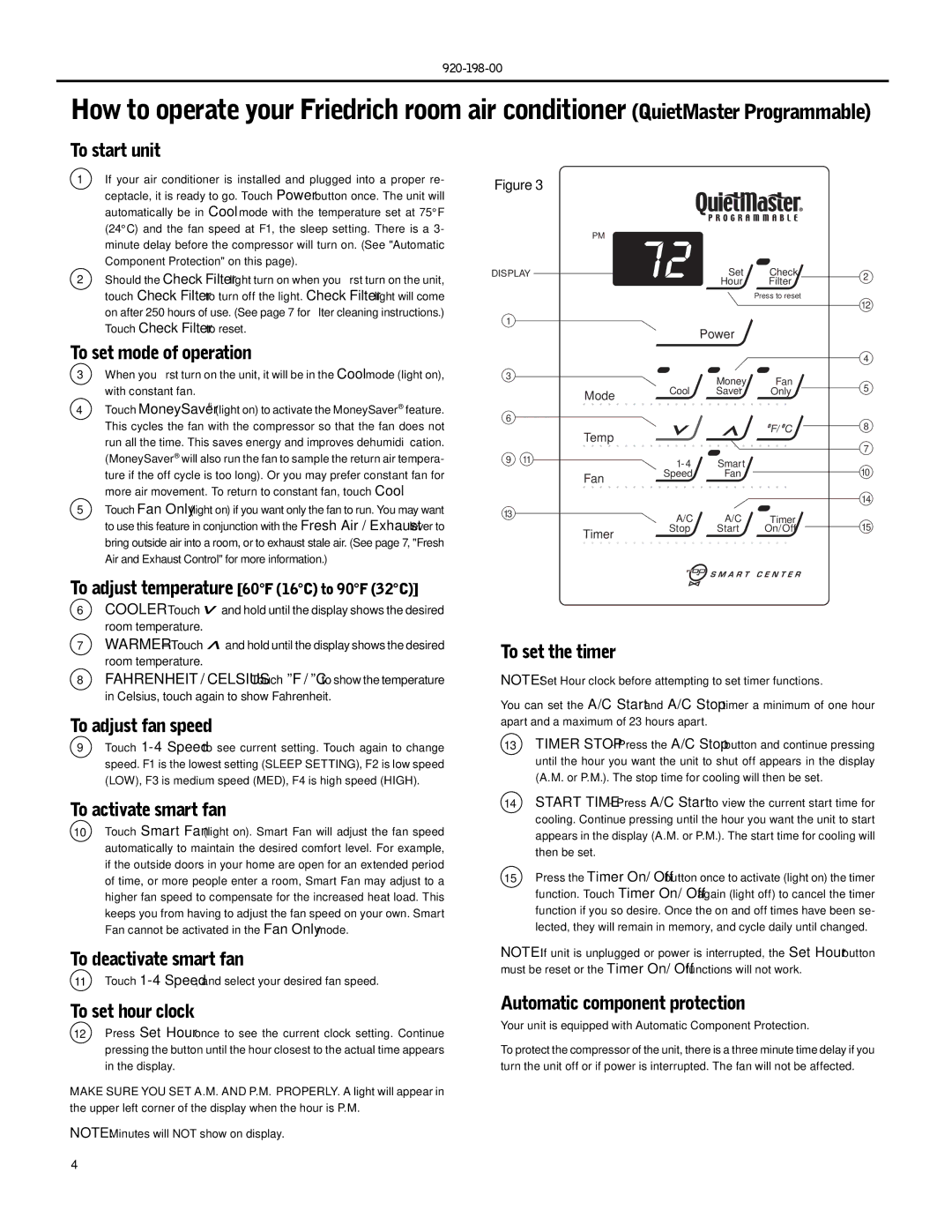 Friedrich SS08, SS14 To start unit, To set mode of operation, To adjust fan speed, To activate smart fan, To set the timer 