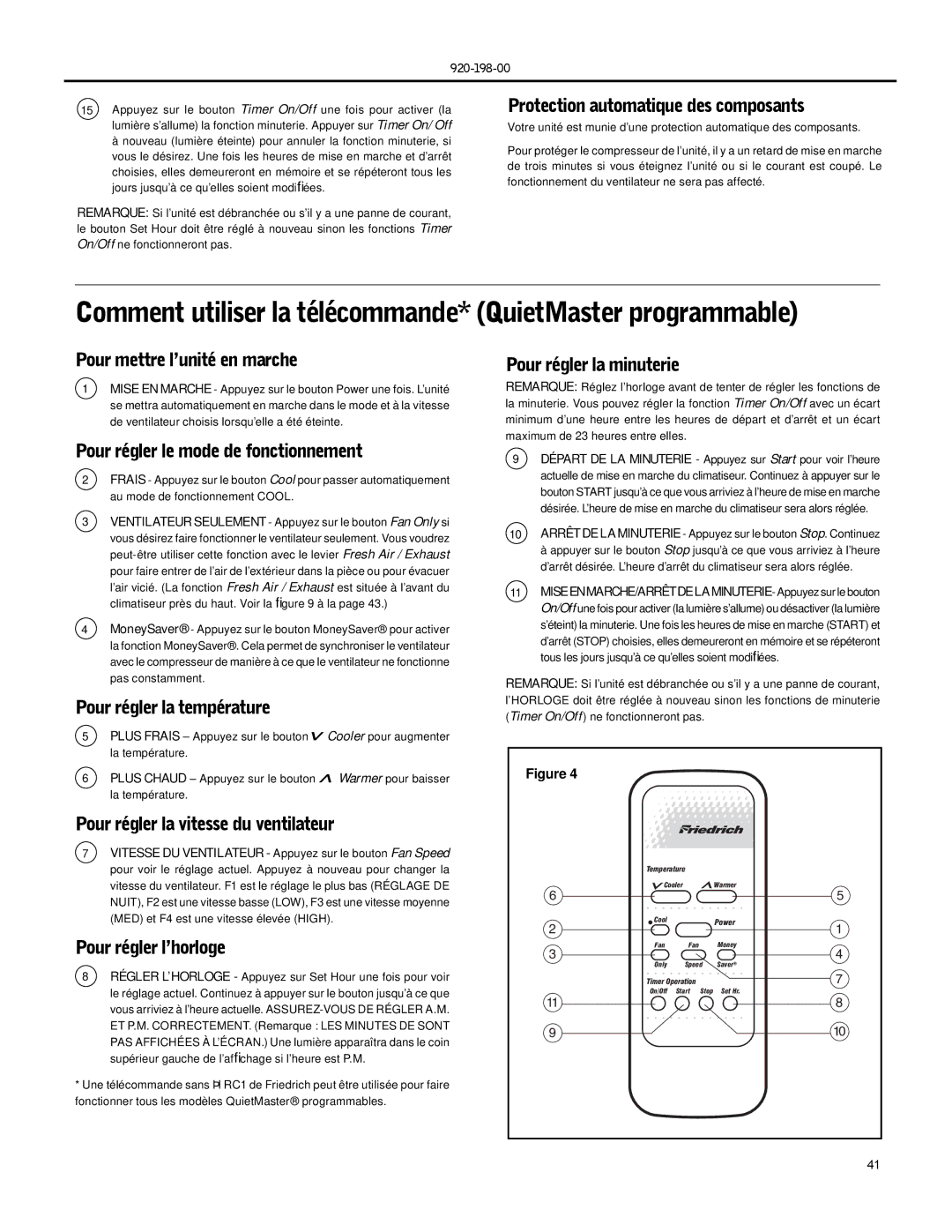 Friedrich ES16, SS14 Comment utiliser la télécommande* QuietMaster programmable, Protection automatique des composants 