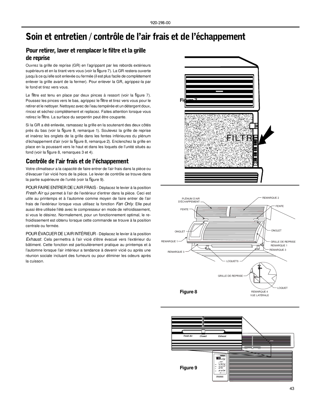 Friedrich YL24, SS14, SS16, SS12, SS10, SS08, SM21, SM24, SM18, ES12, ES16, YM18 Filtre, Contrôle de l’air frais et de l’échappement 