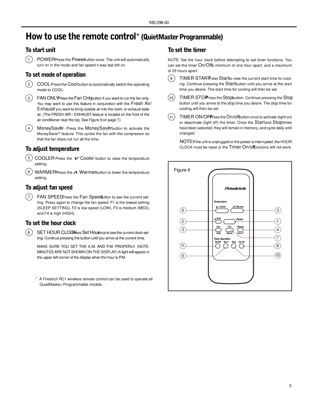 Friedrich SM21, SS14, SS16 How to use the remote control* QuietMaster Programmable, To adjust temperature To set the timer 