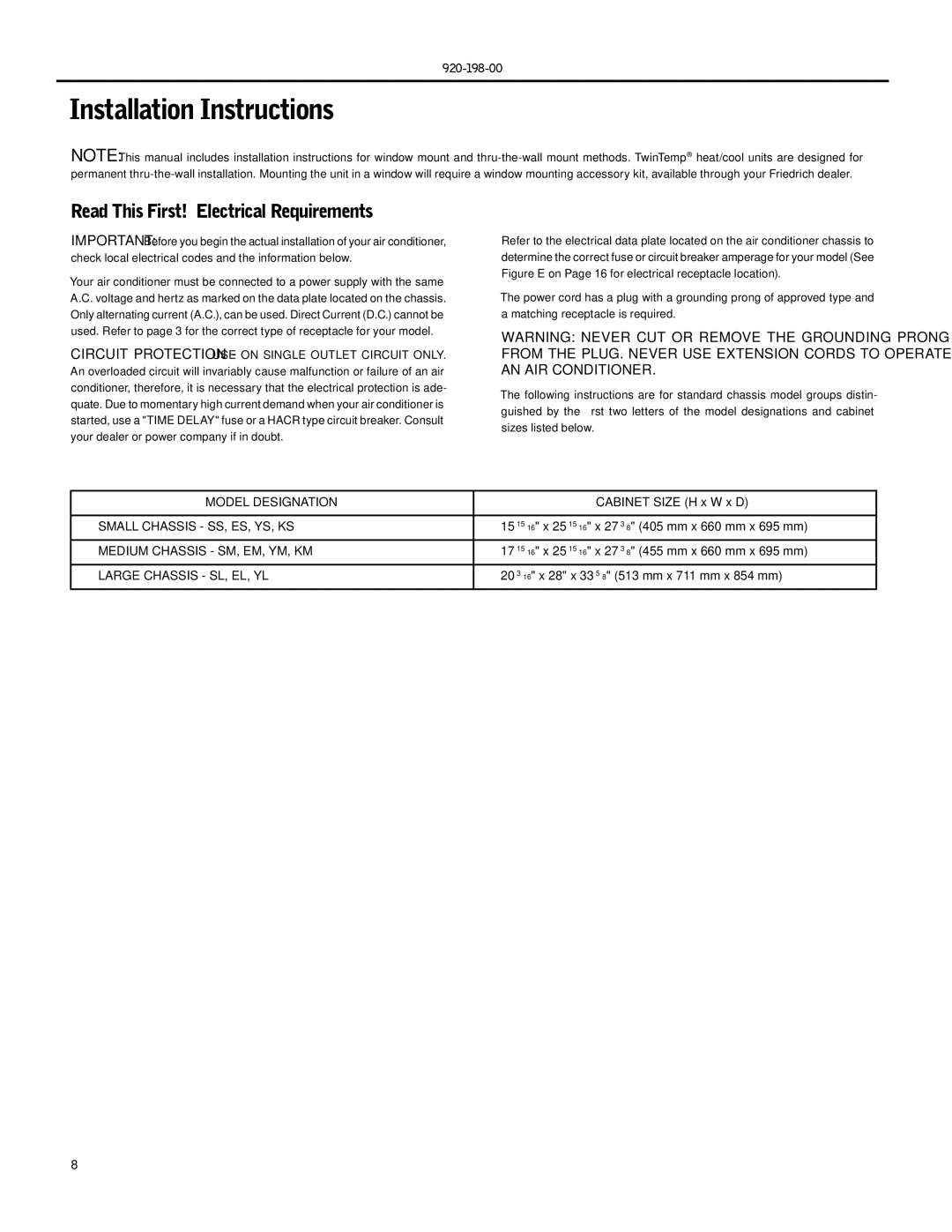 Friedrich ES12, SS14, SS16, SS12, SS10 Installation Instructions, Read This First! Electrical Requirements, Model Designation 