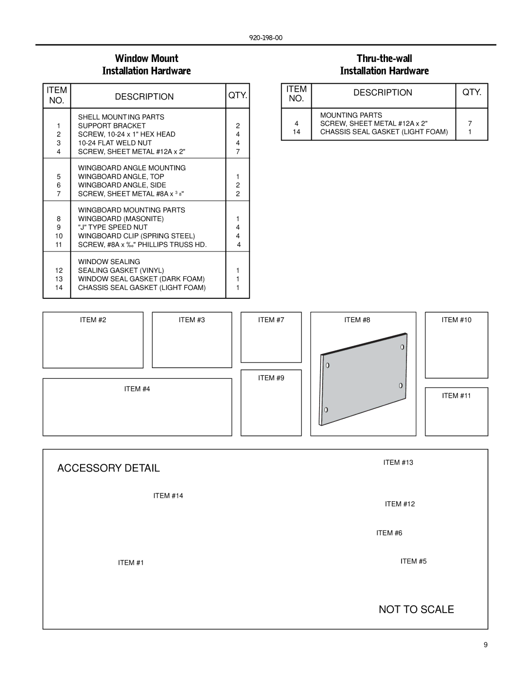 Friedrich ES16, SS14, SS16, SS12 Window Mount Installation Hardware, Thru-the-wall Installation Hardware, Description QTY 