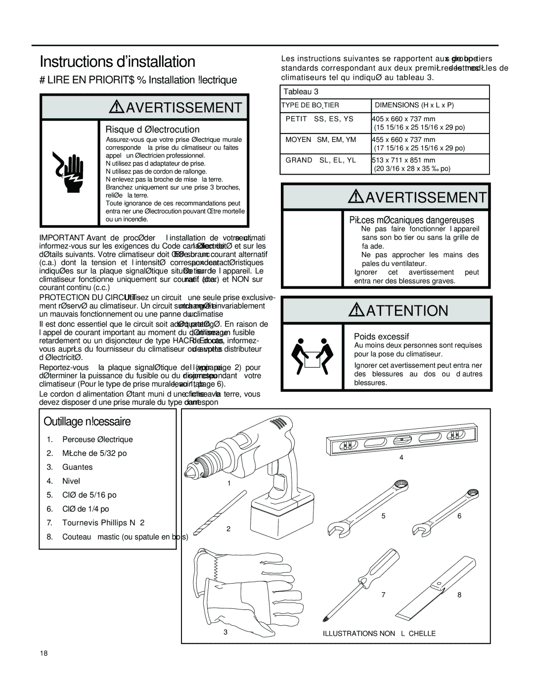 Friedrich SL36M30 Instructions d’installation, Lire EN Priorité ! Installation électrique, Poids excessif, Tableau 