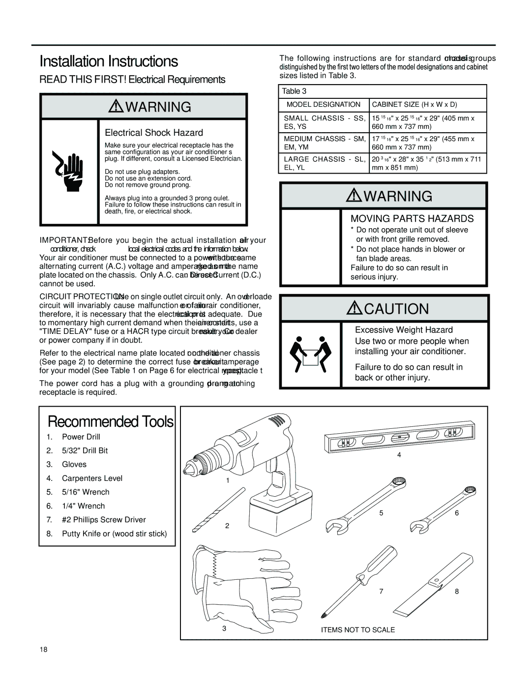 Friedrich SS12M10, SS14M10 Installation Instructions, Read this FIRST! Electrical Requirements, Excessive Weight Hazard 