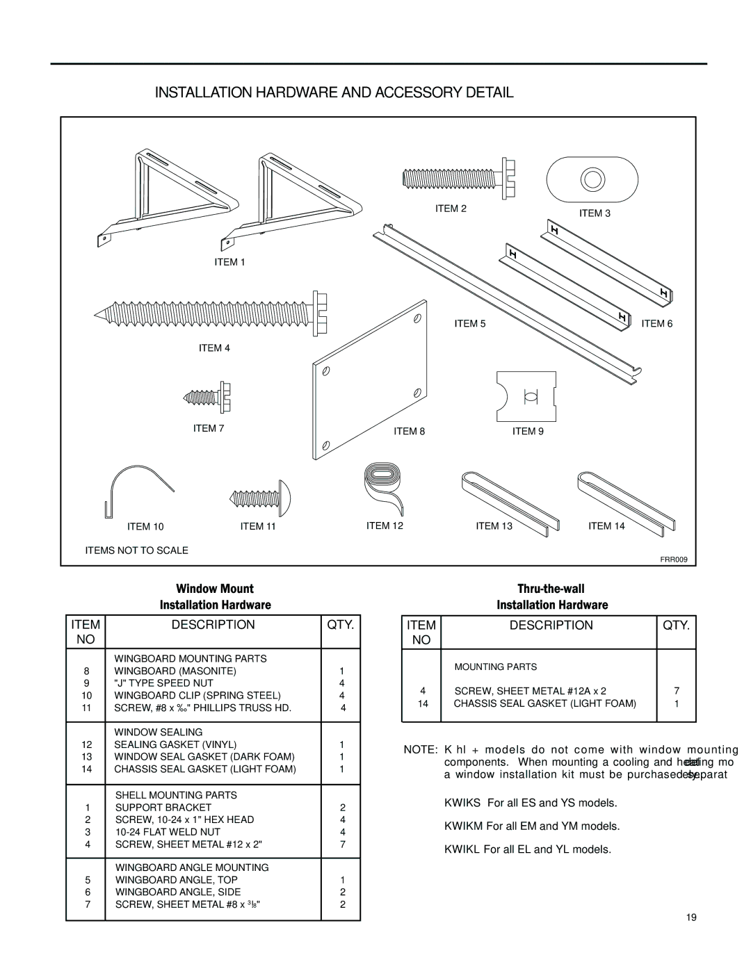 Friedrich SS08M10, SS14M10, SS12M30, SS15M30, SS10M10, SS12M10 Installation Hardware and Accessory Detail, Description QTY 